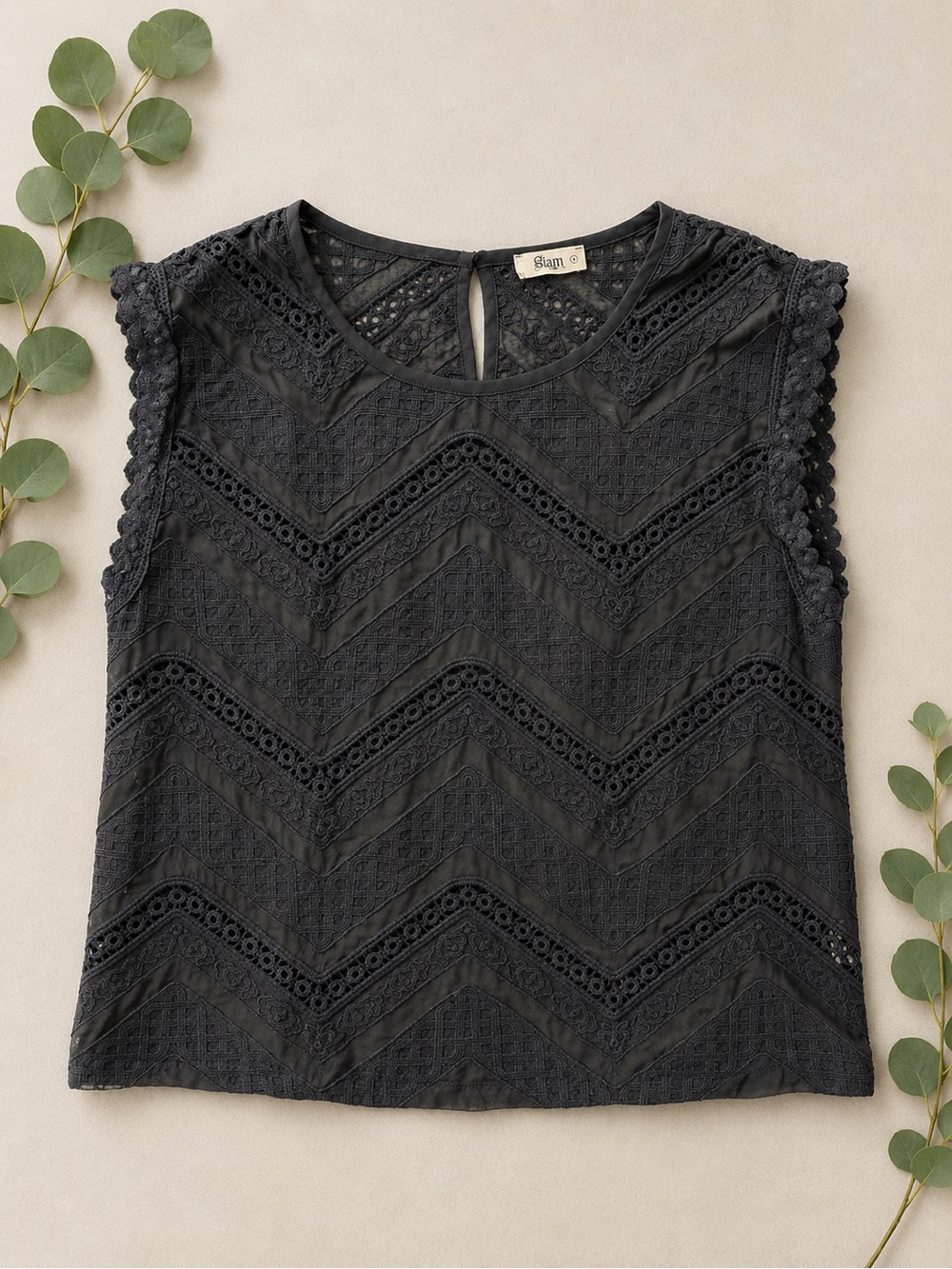 Glam Black Lace Crochet Chevron Sleeveless Boho Top